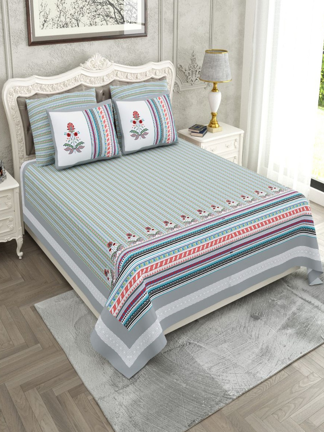 Myntra Elegant Homes Grey Floral Cotton 260 TC Super King Fine Bedsheet Set-107''x107''