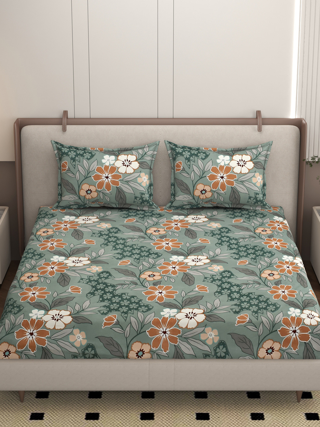 Homio  Flora Noir Grey Floral 250 TC Fitted Queen Bedsheet Set