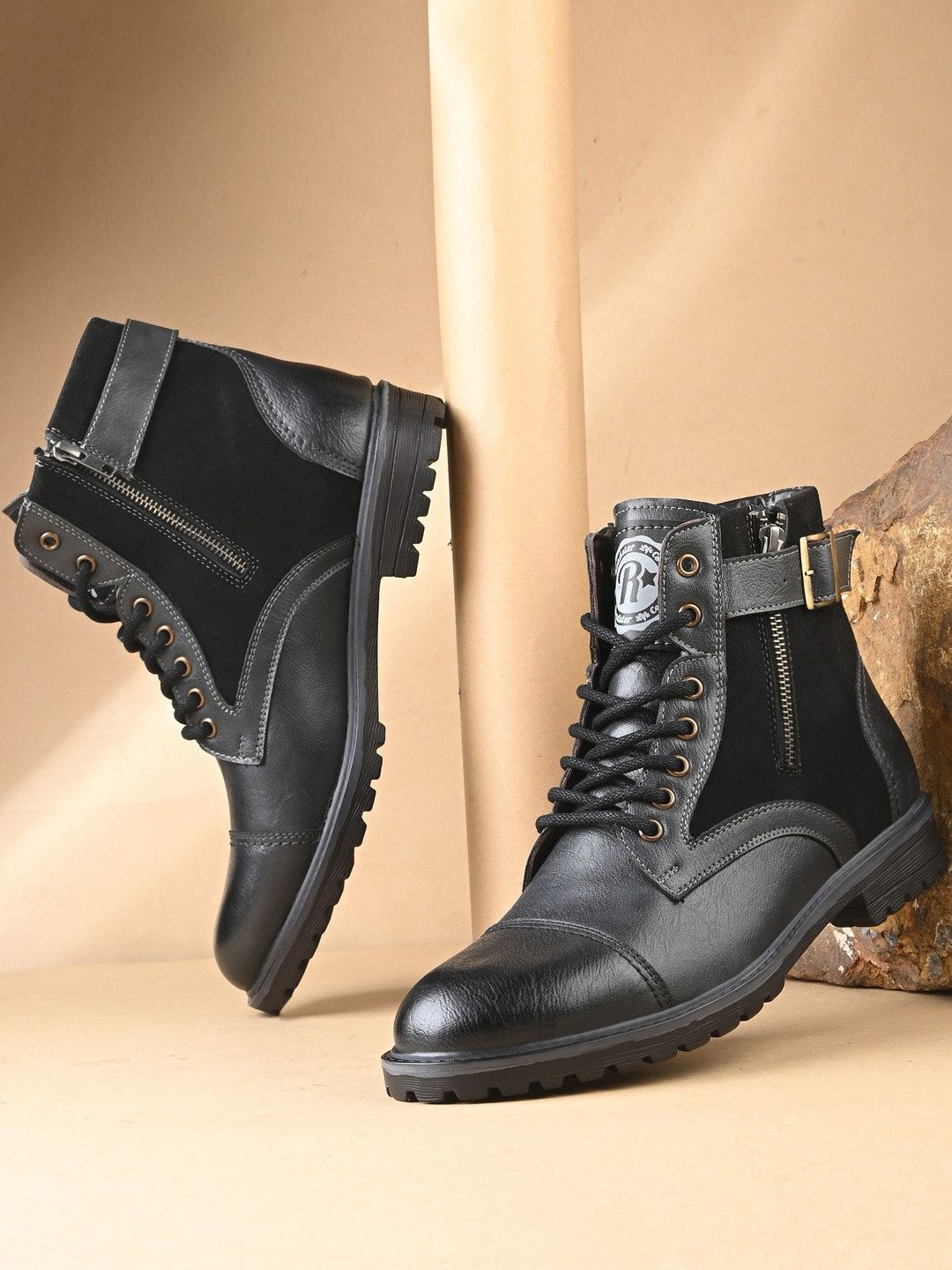 Roadster Men Black Causal Solid Biker Round Toe Rugged Synthetic Lace-Ups Boots