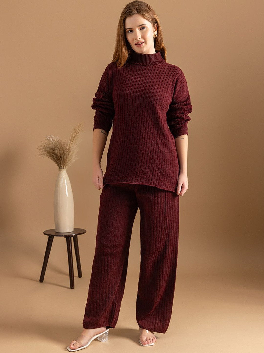 Roadster Women Wine Acrylic Ribbed Knit Sweater & Wide-Leg Trousers Co-Ords