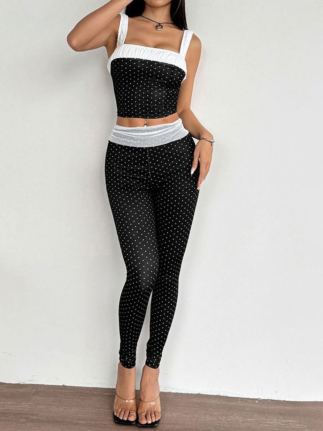LULU & SKY Polka Dots Printed Square Neck Crop-Top With Legging