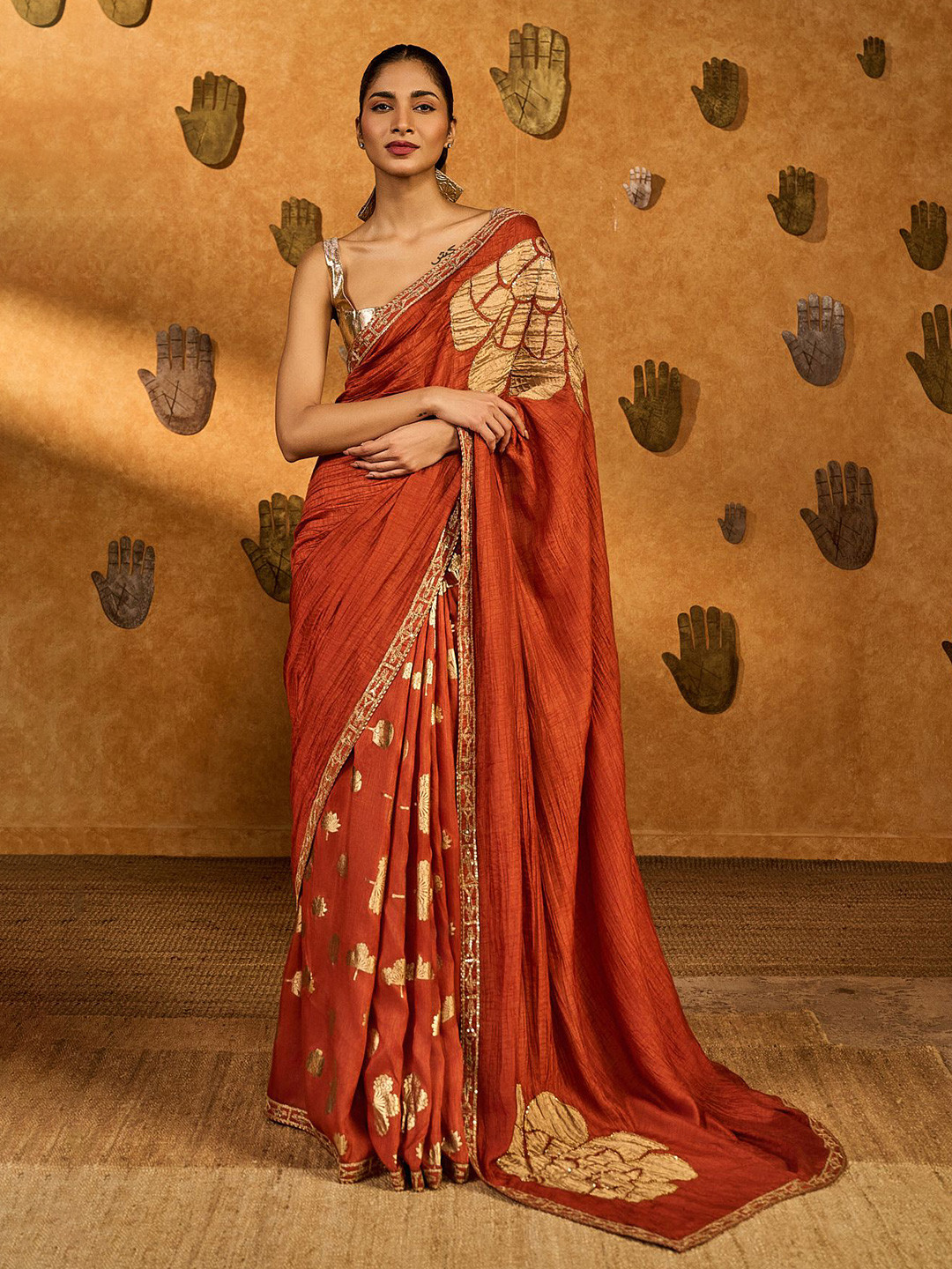 Masaba Windrose Crushed Floral Printed Sequinned Raw Silk Tissue Saree