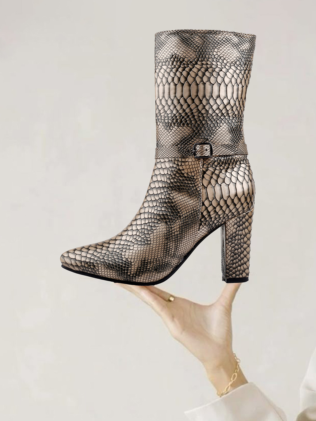 Bxxy Women Animal Skin Printed High-Top Block Pumps with Buckles