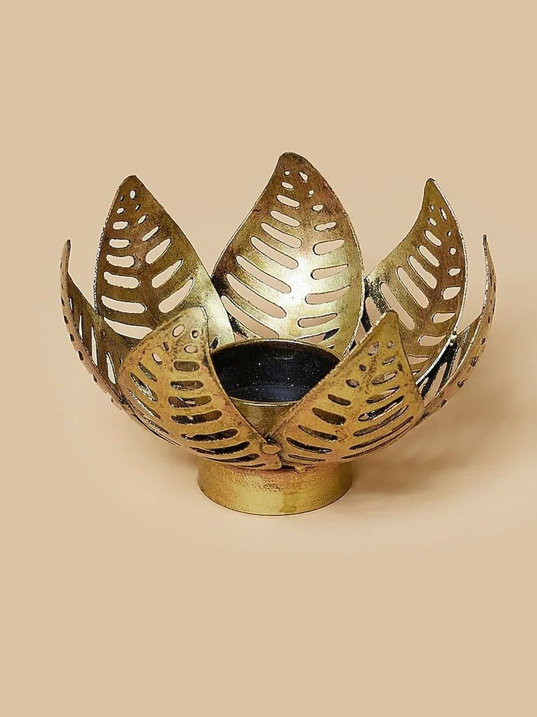 HOME DECOR BY ADITI Gold-Toned Lotus Big Leaf Metal Tea Light Holder Showpieces