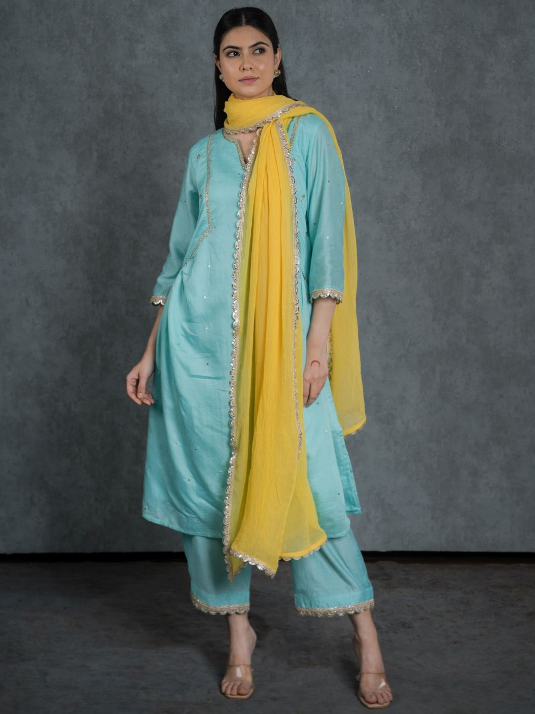 SHOP GULMOHAR Embroidered Notch Neck Sequinned Chanderi Silk Kurta With Trousers & Dupatta