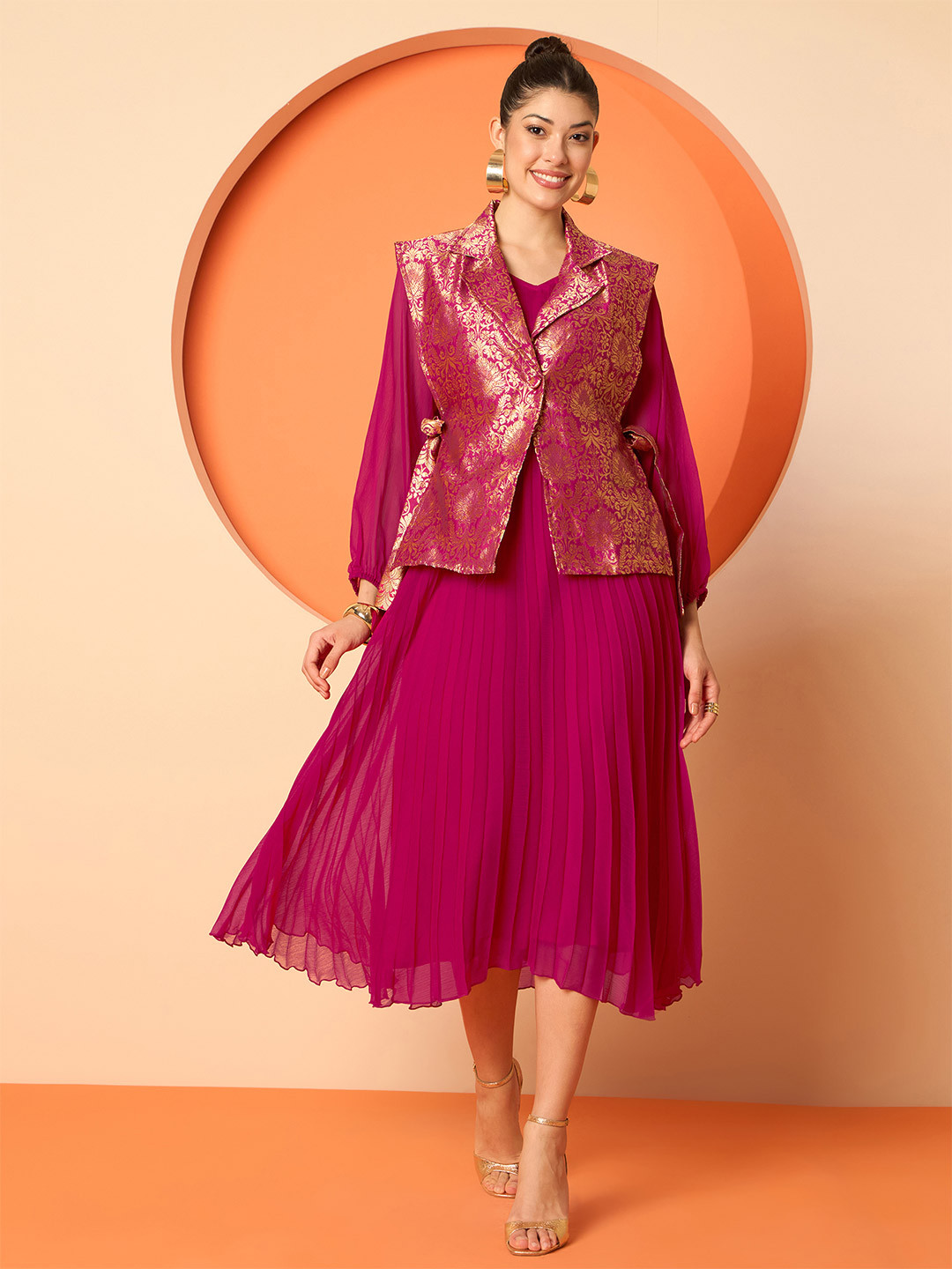 Antheaa Pleated  Midi Dresses With Brocade Blazer