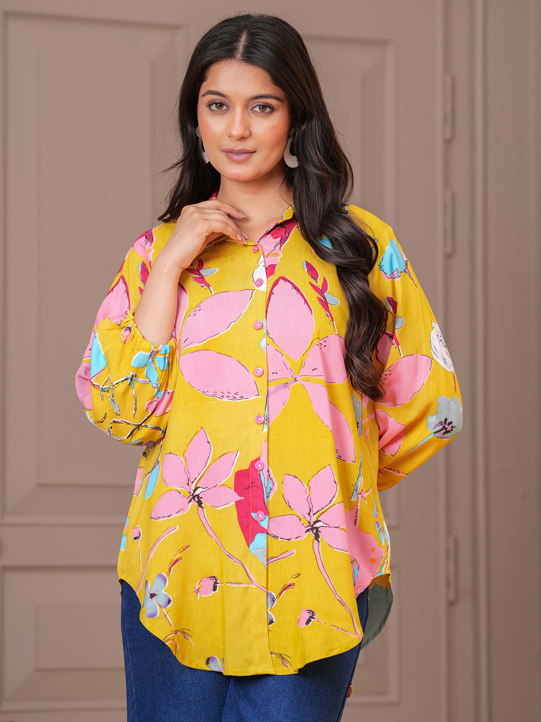 NYPA Floral Printed Spread Collar Oversized Shirt