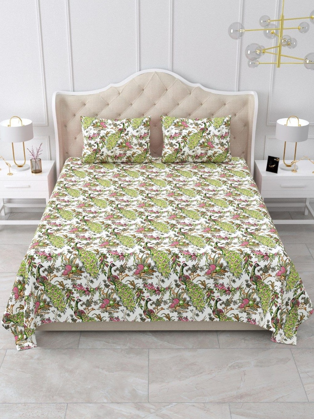 Myntra Elegant Homes Green Floral Cotton 260 TC Super King Fine Bedsheet Set-107''x107''