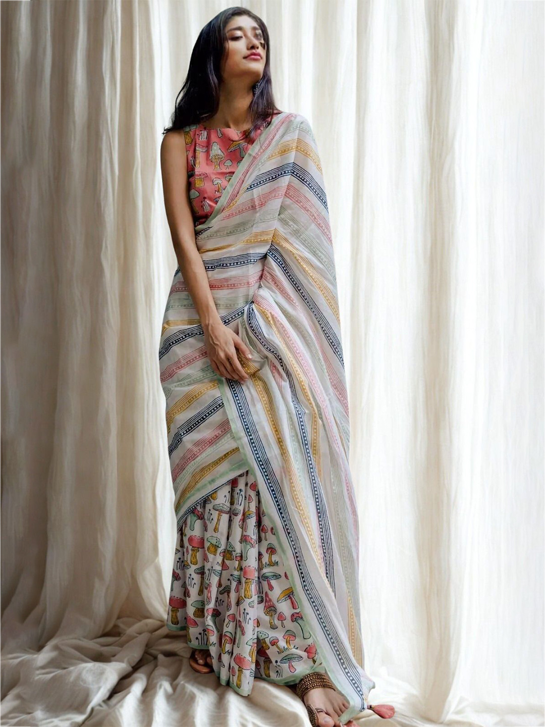 Jinal & Jinal Fusion Abstract Printed Chanderi Saree With Blouse