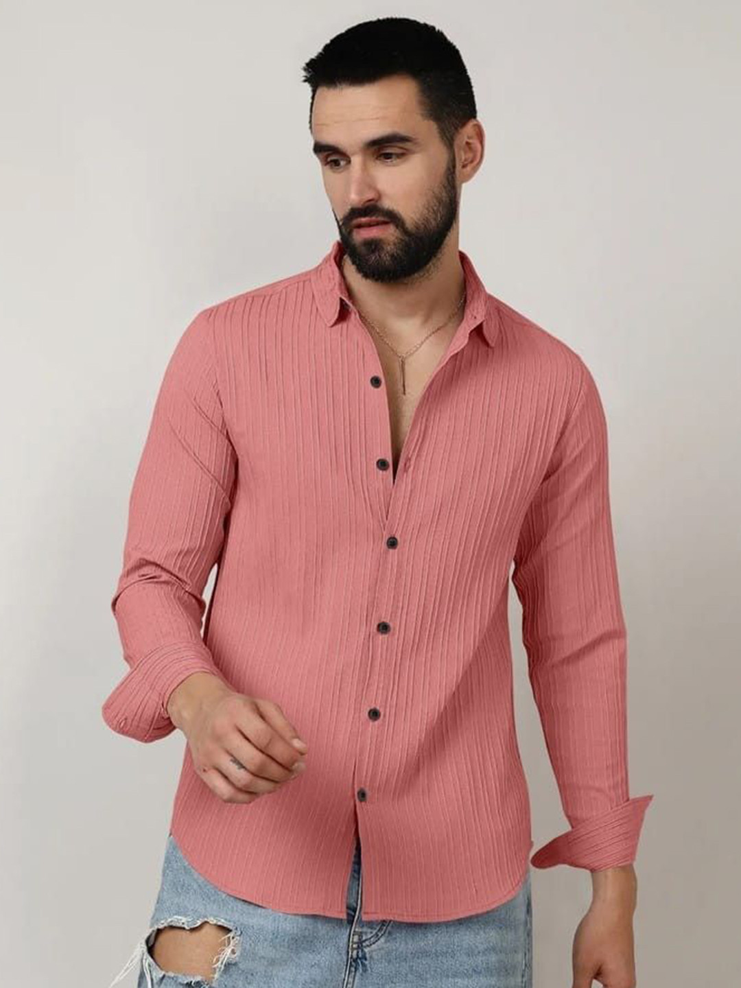 OQUENT Men Standard Fit Textured Spread Collar Casual Shirt