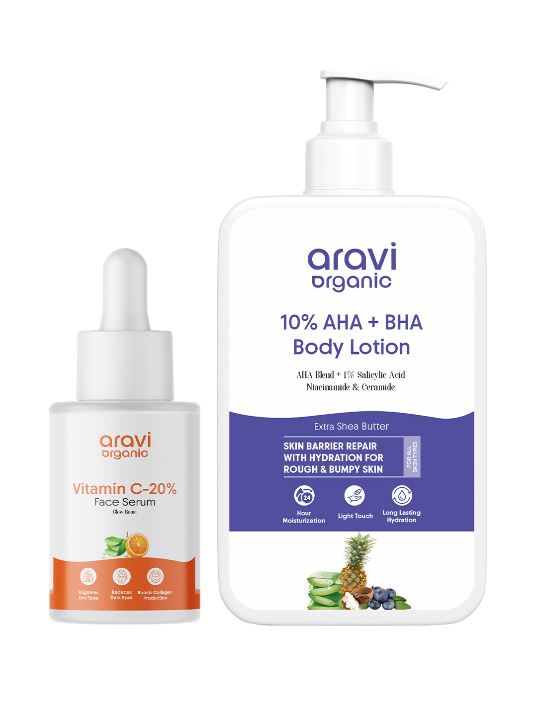 Aravi Organic Set Of 2 Vitamin C Face Serum- 30 ml & AHA BHA Body Lotion- 200 ml
