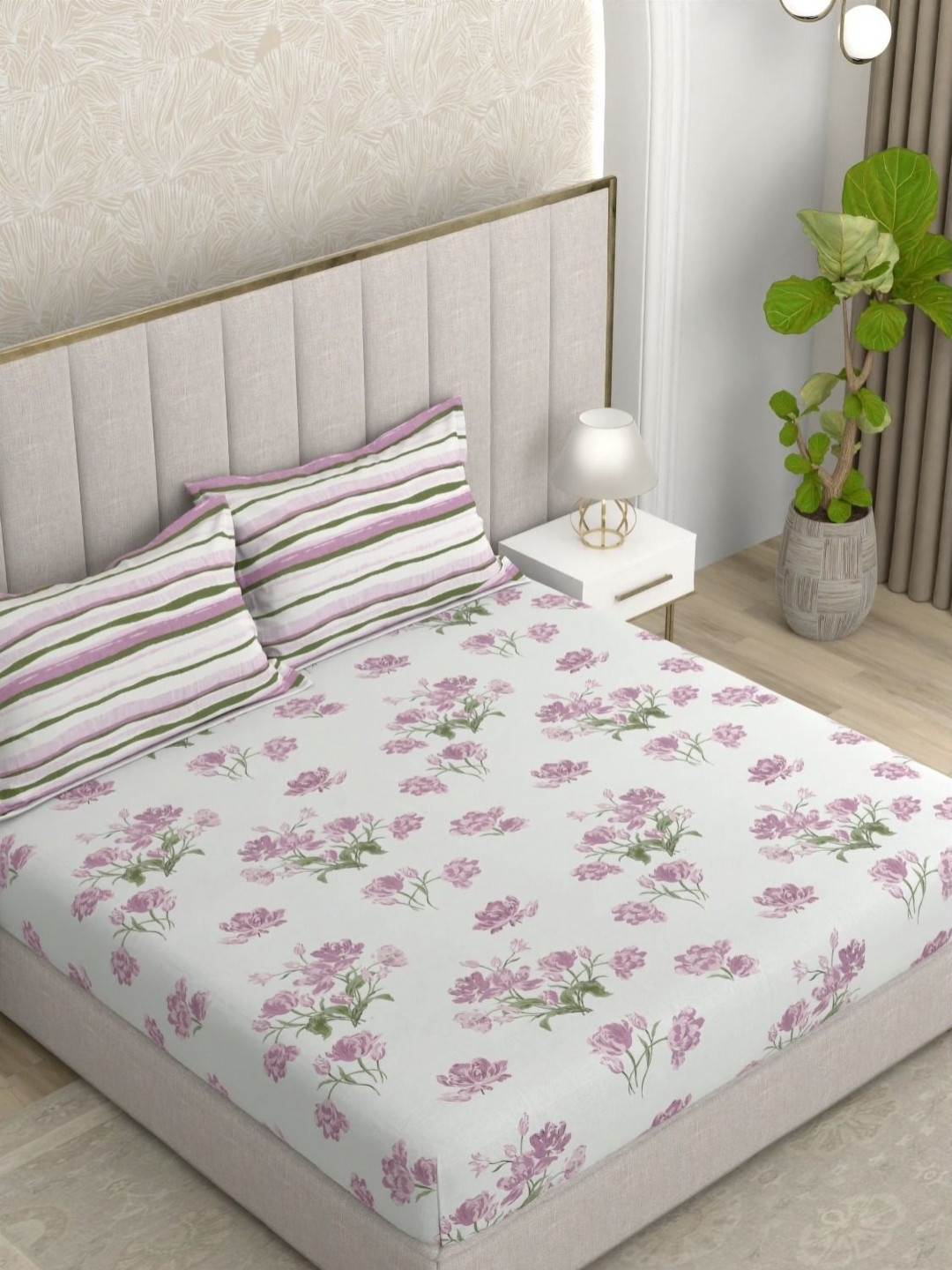 Pure Decor Glory Purple & Pink Floral Pure Cotton 180 TC King Bedsheet Set-2.54m X 2.74m