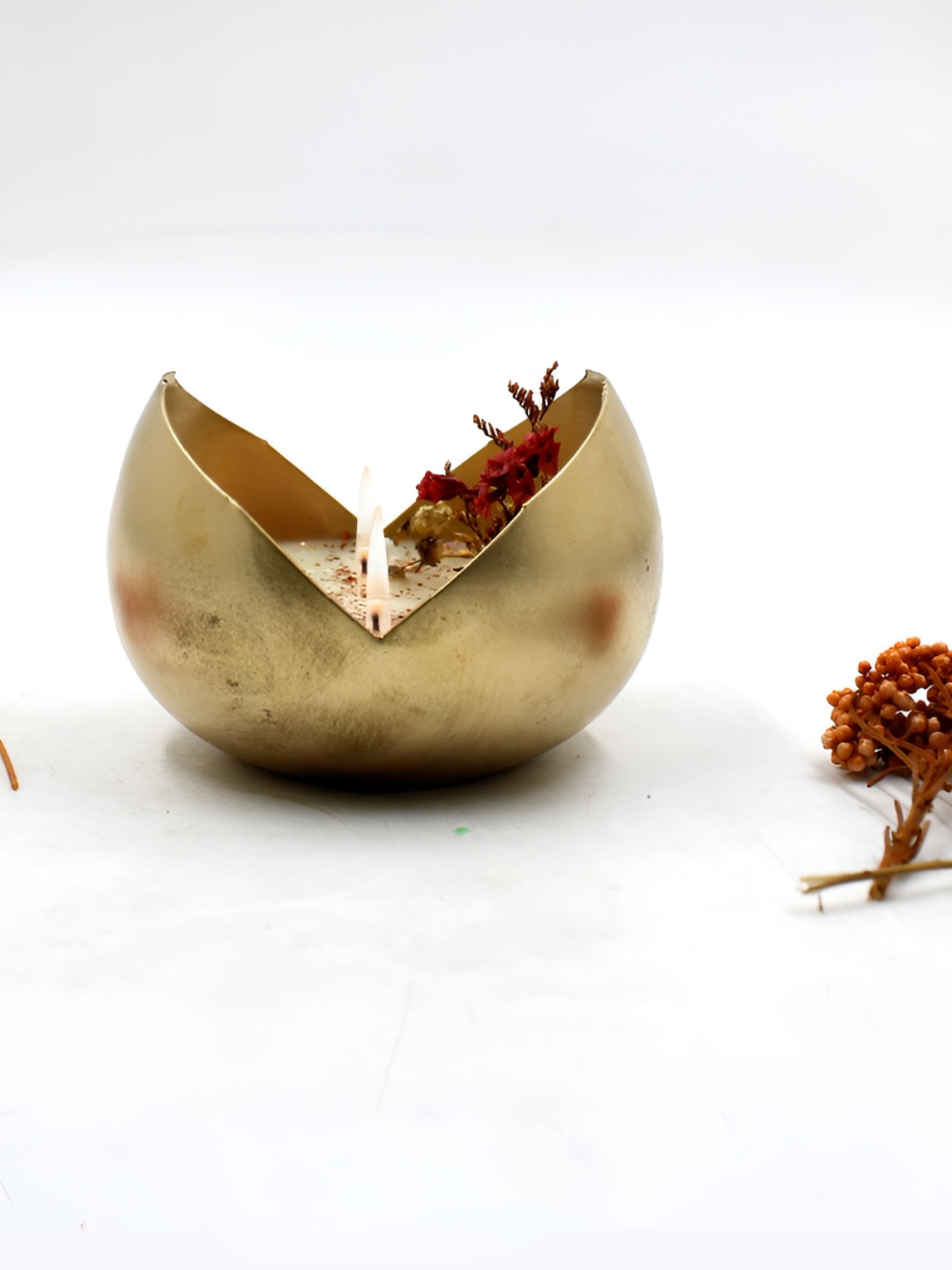 RANDOM Gold Toned Round Shaped Sandal Fragrant Metal Urli Soy Wax Candle