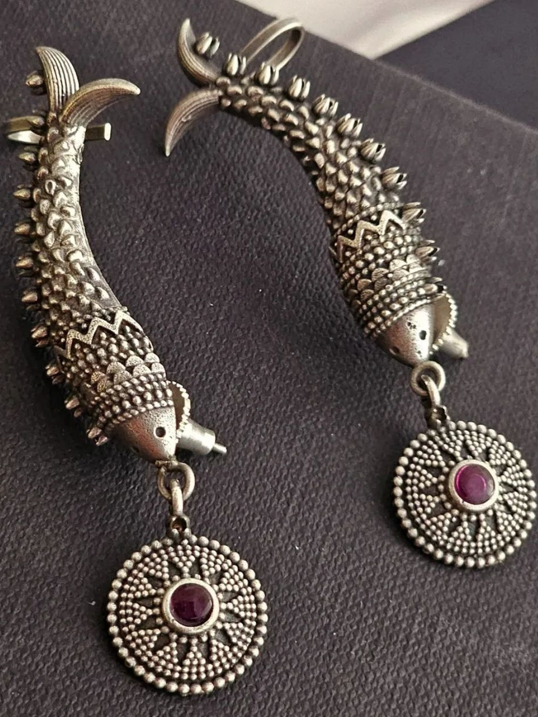 Rovlina Silver-Plated Brass Oxidised Fish Design Ear Cuff Earrings