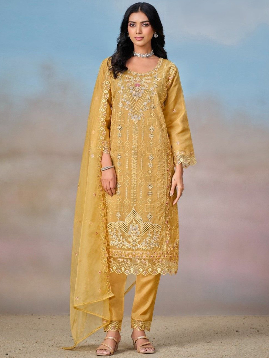 AUTUMN LANE Mayuri Floral Embroidered Thread Work Straight Kurta With Trousers & Dupatta