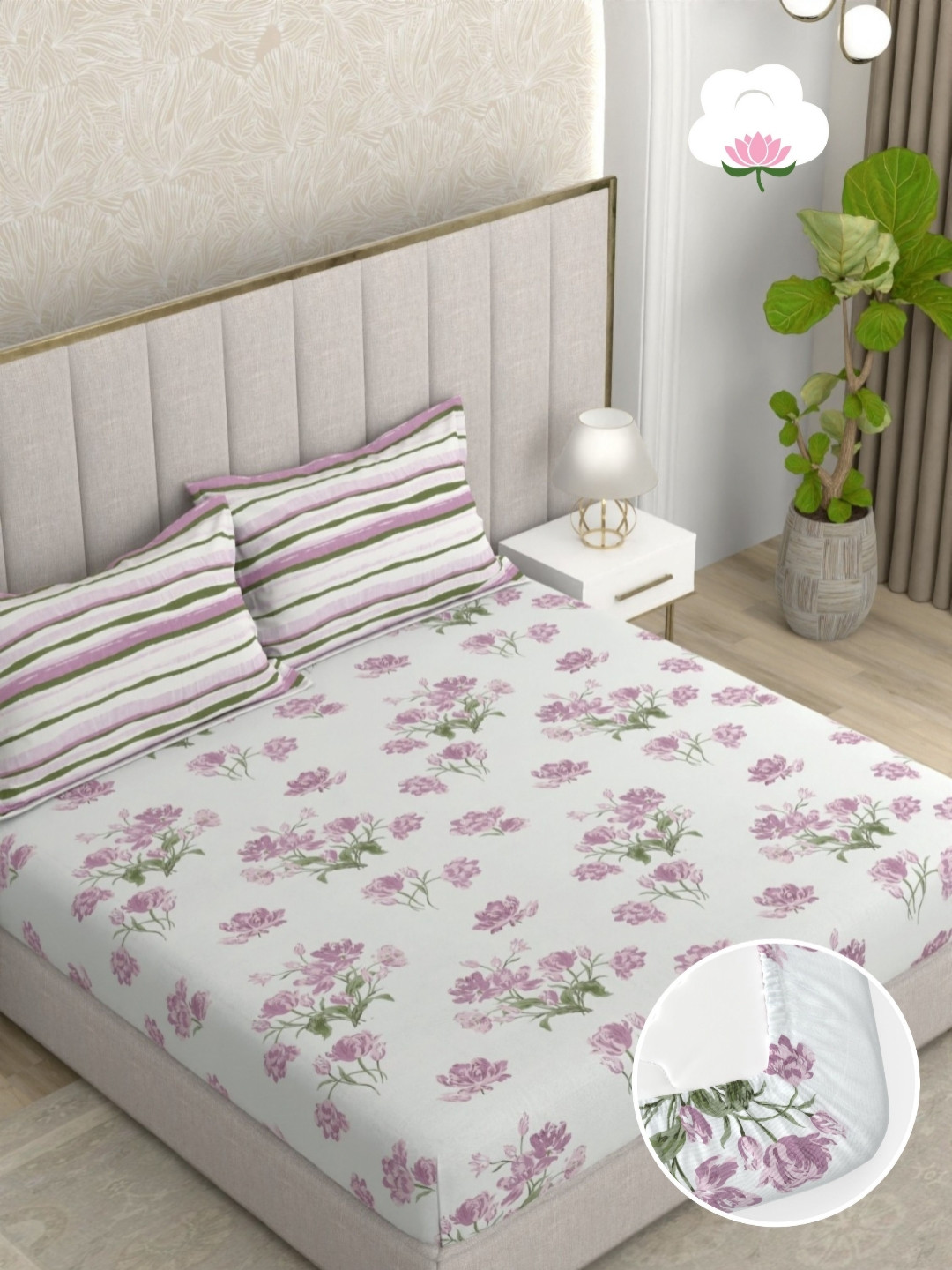 Pure Decor Pearl Purple Floral Pure Cotton 180 TC King Bedsheet Set-1.82mx1.93mx22.86cm
