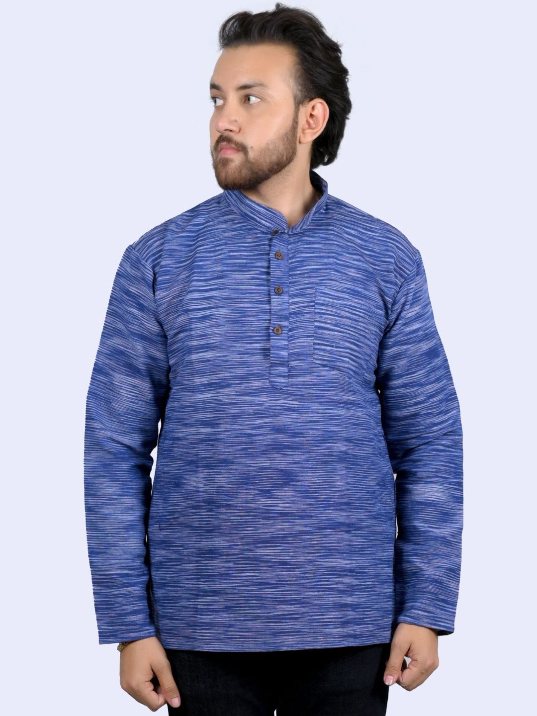 aruati Men Blue Stripes khadi short Kurta