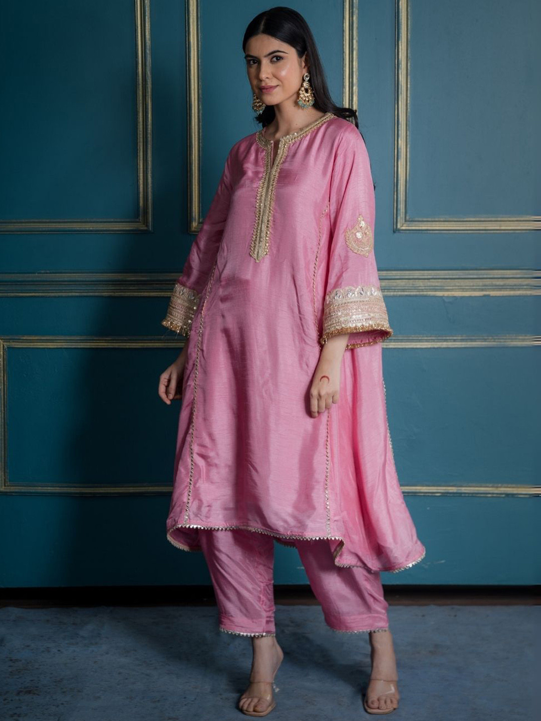 SHOP GULMOHAR Ethnic Motifs Embroidered Notch Neck Gotta Patti Kurta With Trousers