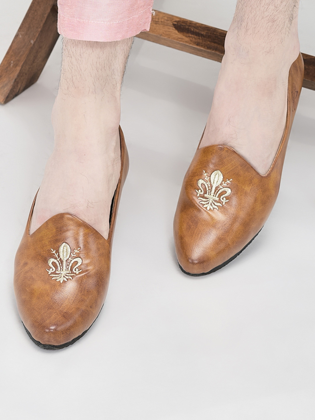 FAUSTO Men Tan Embroidered Mojaris