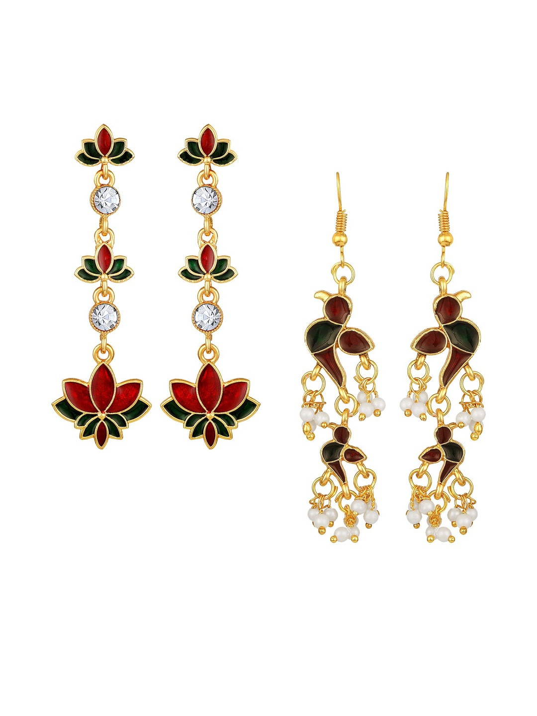 Stefan Set Of 2 Gold Plated Kundan Studded And Artificial Beaded Floral Drop Earrings