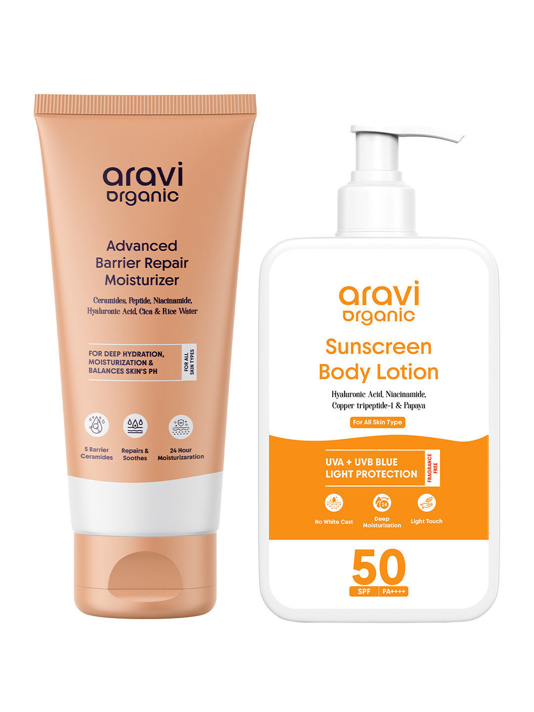 Aravi Organic Set Of 2 Barrier Repair Moisturizer- 100 g & Sunscreen Body Lotion- 200 ml