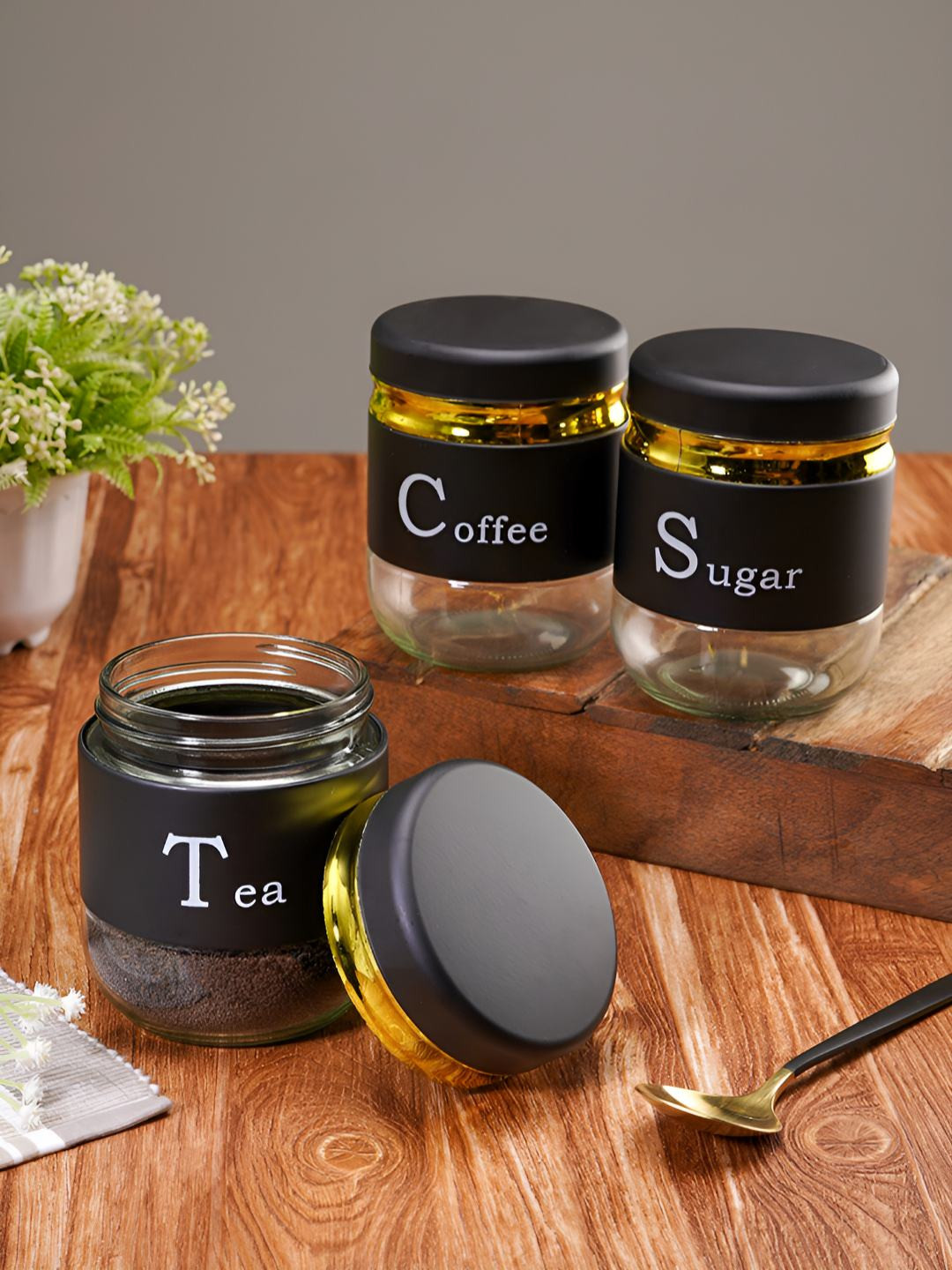 ceradeco Transparent & Black 3 Pieces Printed Glass Jar Containers 400ml