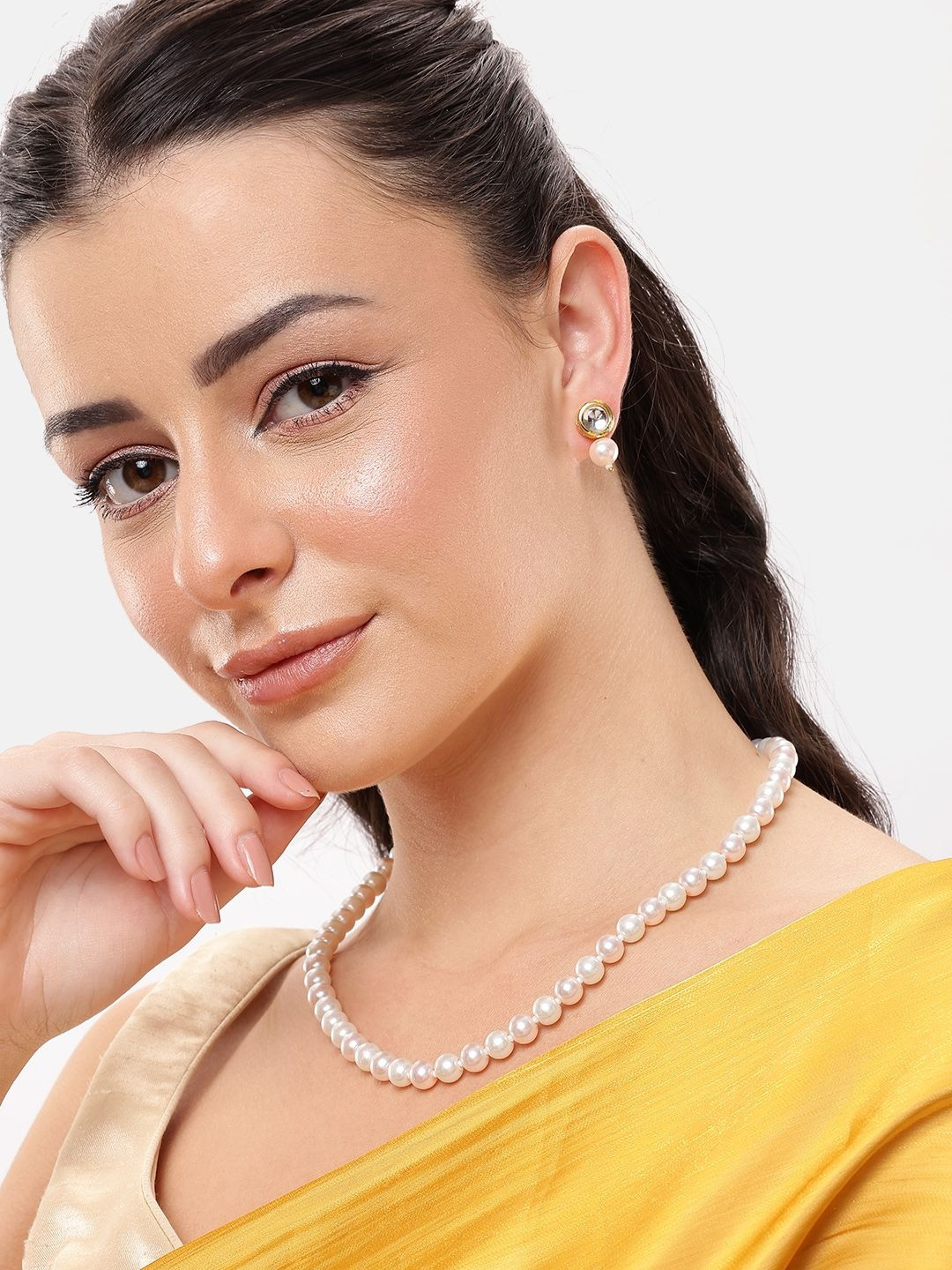 DressBerry Pearls Kundan Beaded Single Line Necklace With Earrings