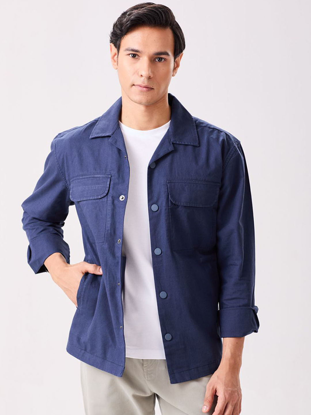 MH&Y Men Solid Spread Collar Long Sleeves Cotton Linen Shacket