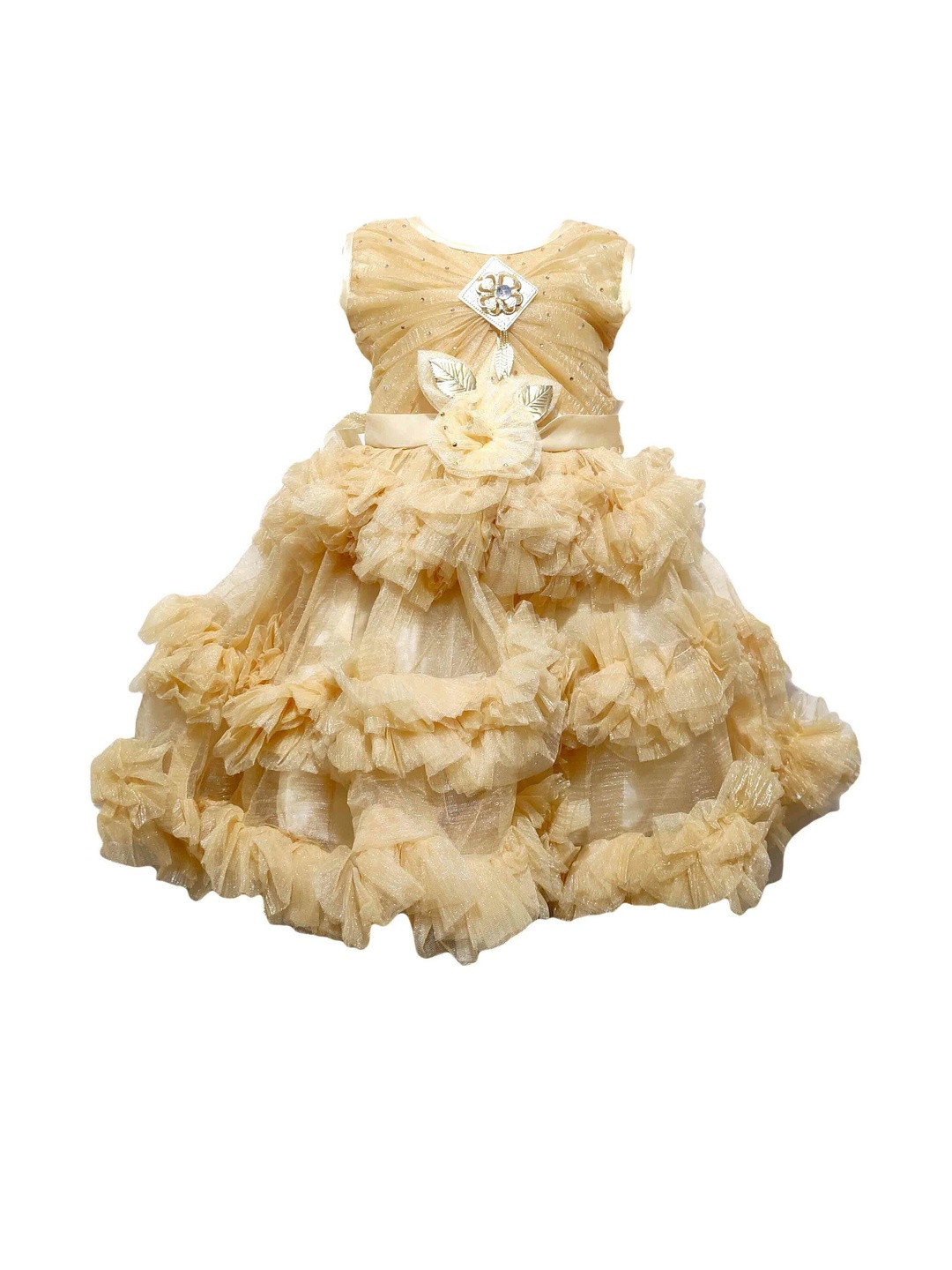 STUMBLE FASHION Girls Gold Net Ruffled Fit & Flare Dress