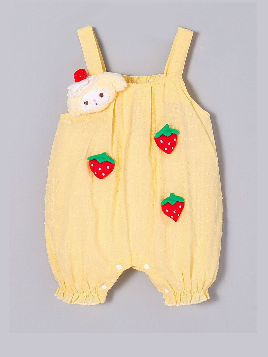 Hopscotch Girls Yellow Cotton Strawberry Applique Casual Romper