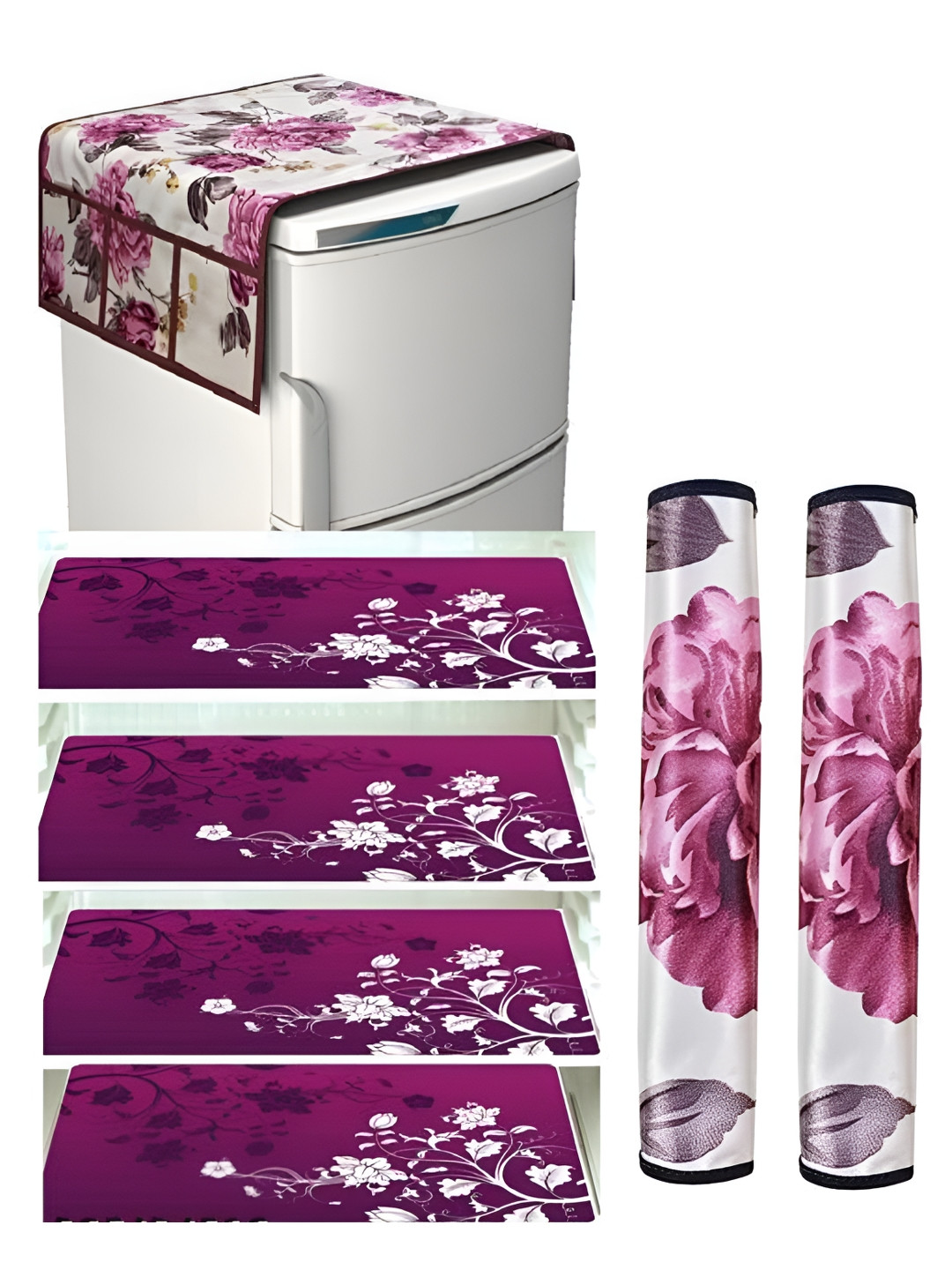 STOREUP Pink & White 7 Pieces Printed Cotton Refrigerator Covers