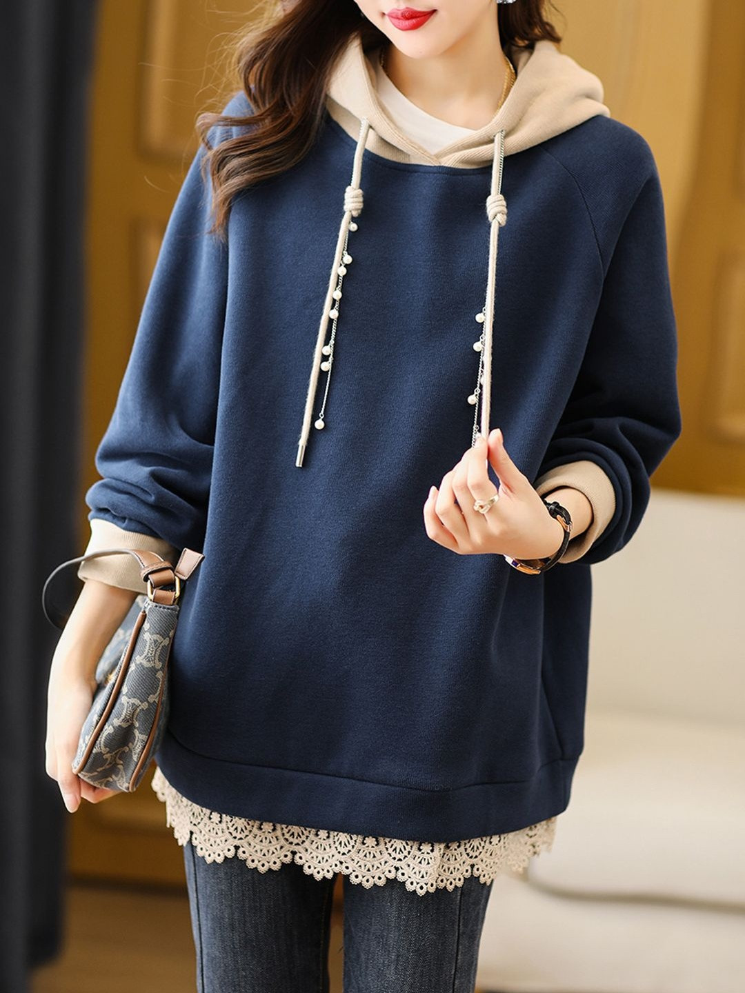 HERE&NOW Women Navy Blue Hooded Long Sleeves Lace Detail Cotton Pullover