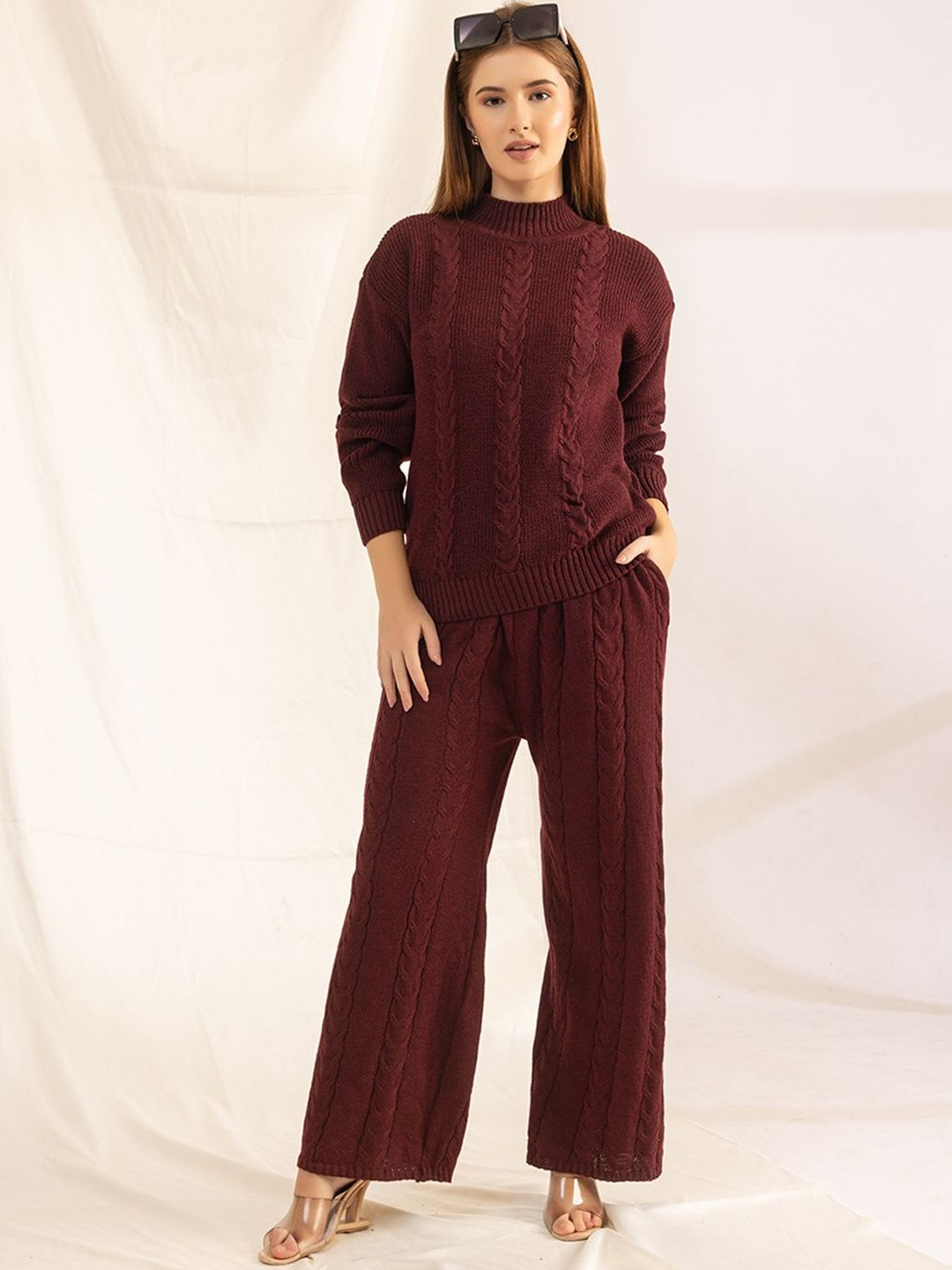 Roadster Women Woolen Sweater & Wide-Leg Trousers Co-Ord Set