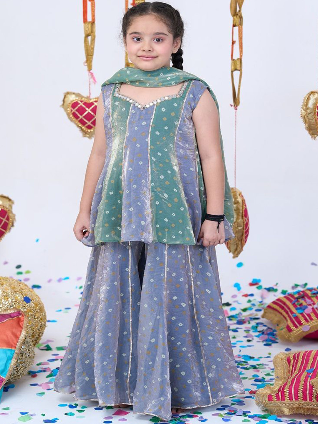 Vivedkids Girls Embroidered Tissue Panelled Kurta With Palazzos & Dupatta