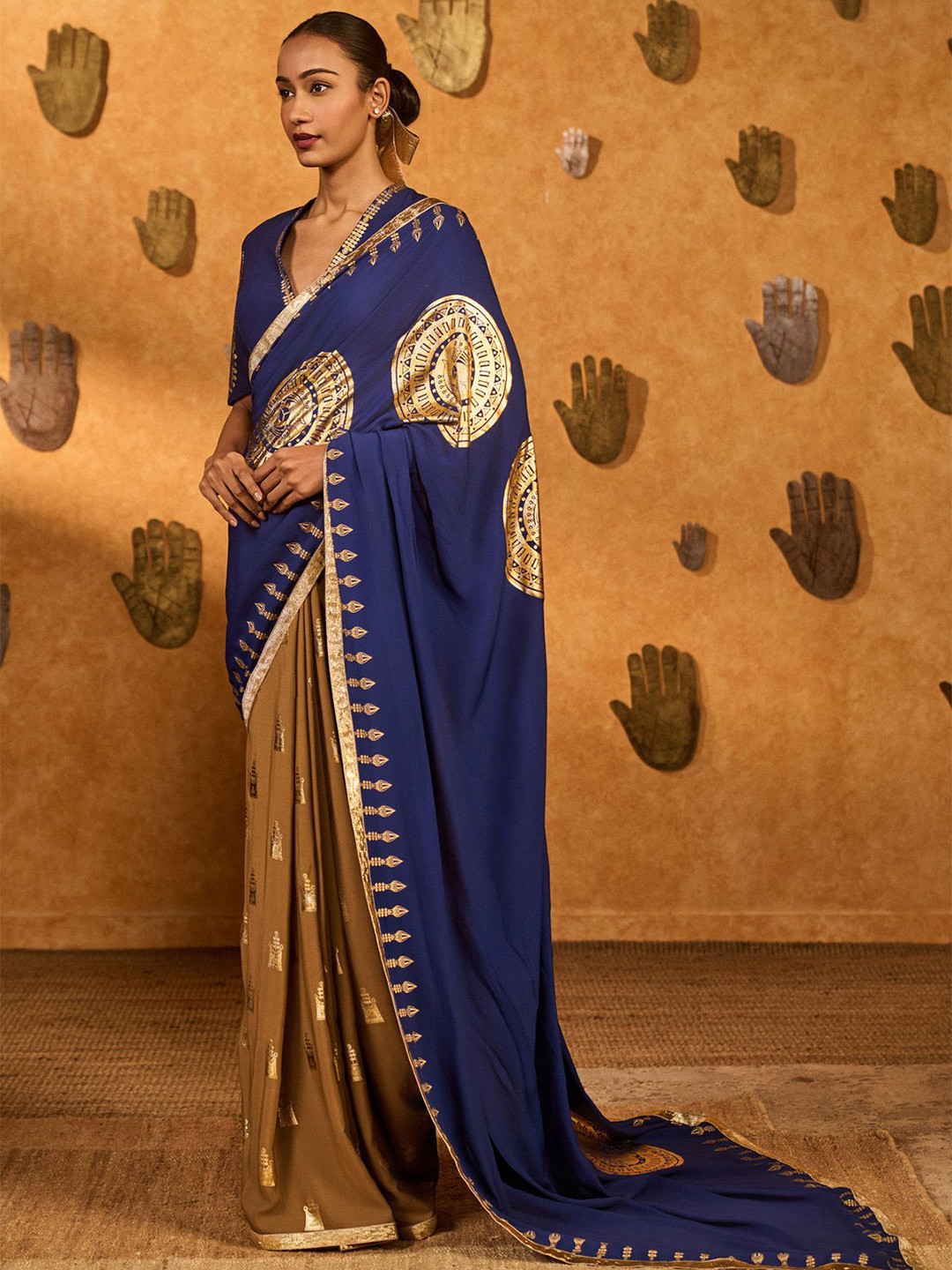 Masaba Mocha And Saphire Moonfish Ethnic Motifs Printed Saree