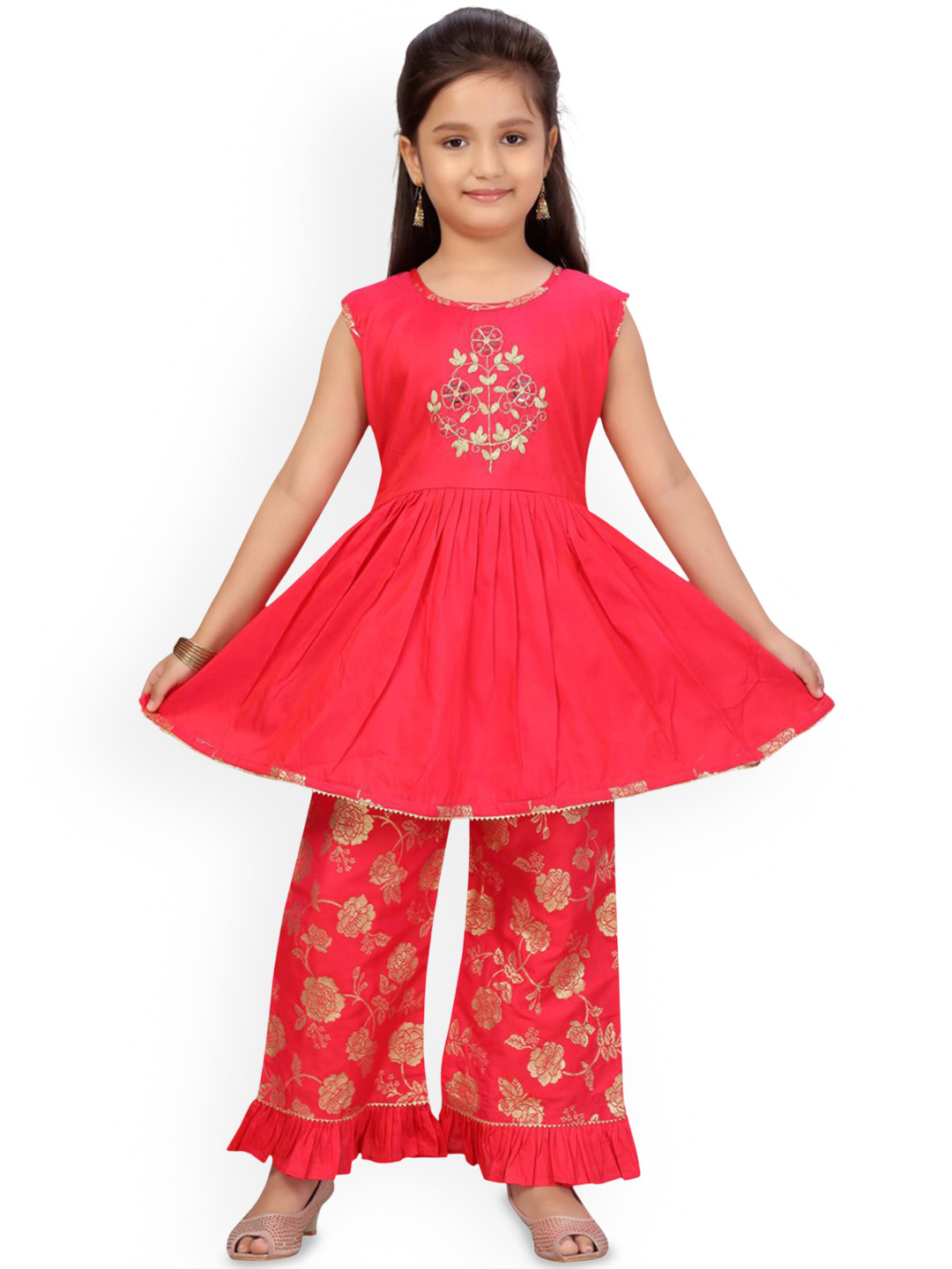 BAESD Girls Regular Printed Pure Silk Kurta Sharara Set