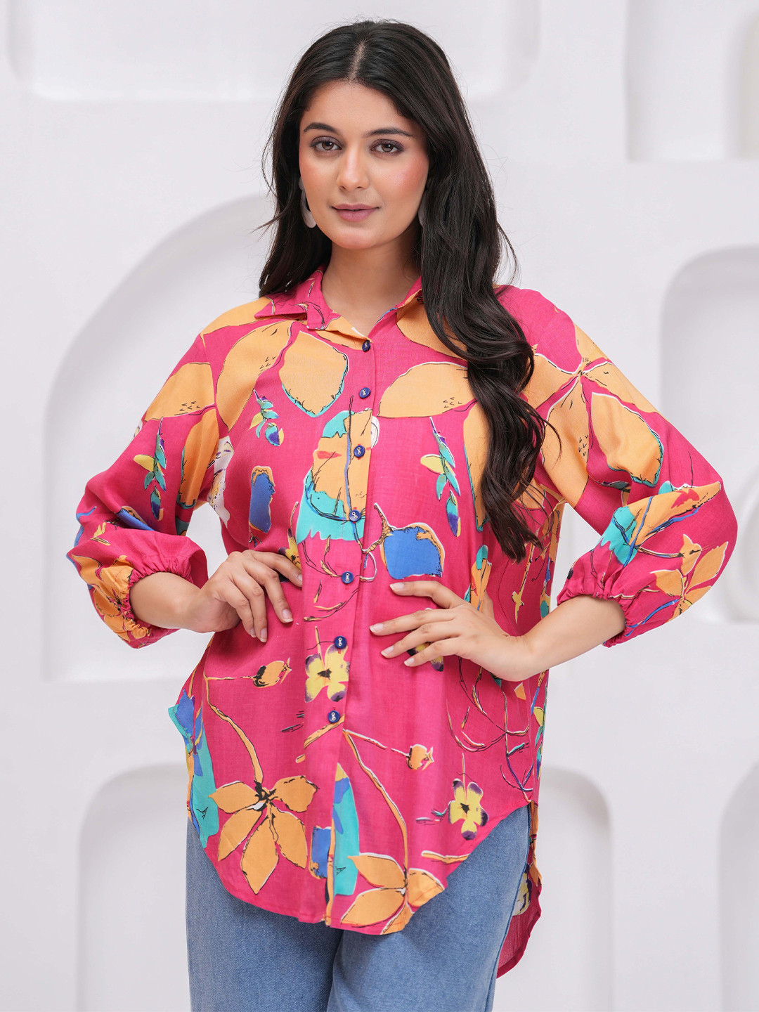 NYPA Floral Printed Spread Collar Oversized Shirt