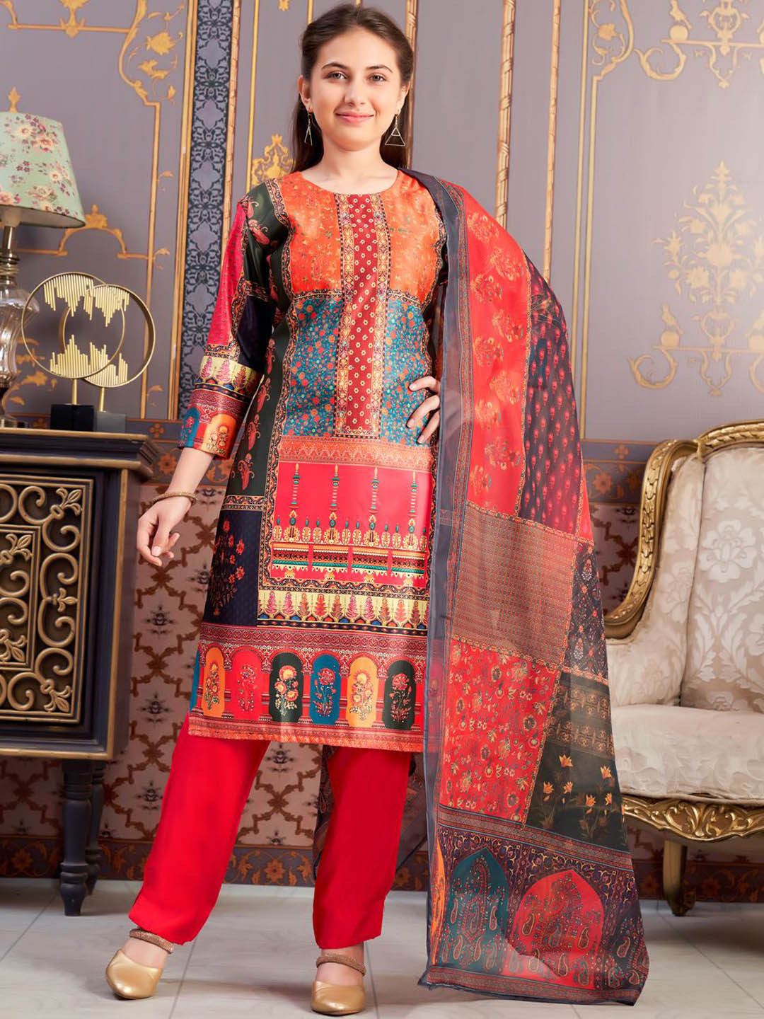 BAESD Girls Green-Rani Colour Abstract Print Satin Kurti Pant Set