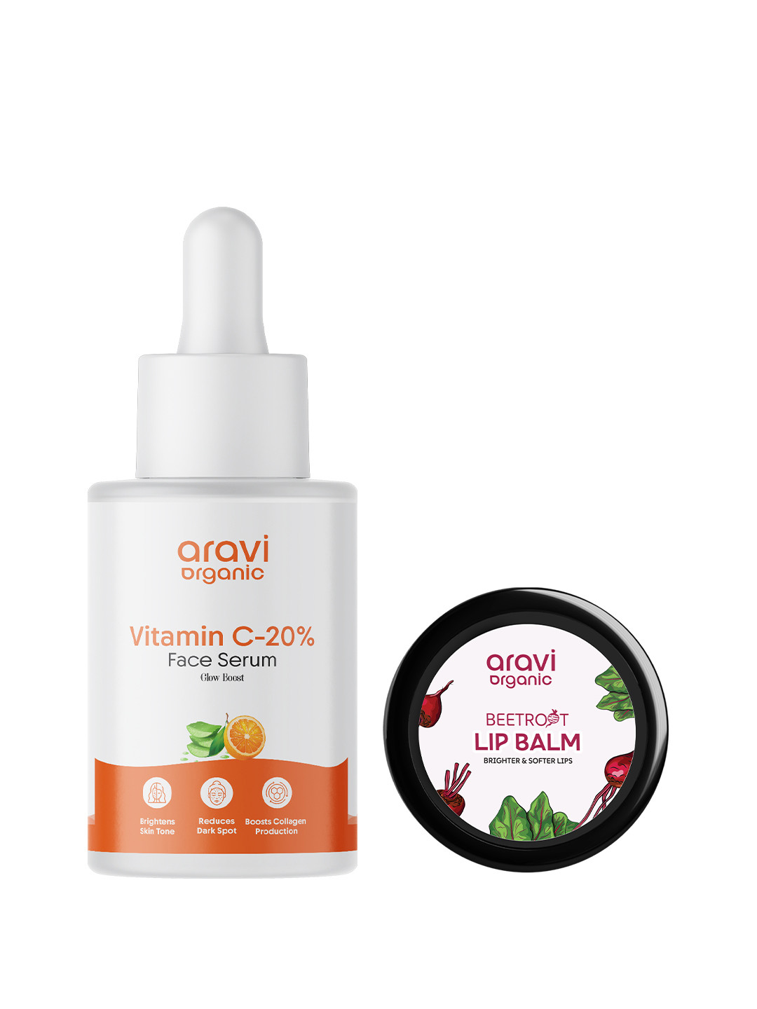 Aravi Organic Set Of 2 20 % Vitamin C Face Serum- 30 ml & Beetroot Lip Balm- 8 g