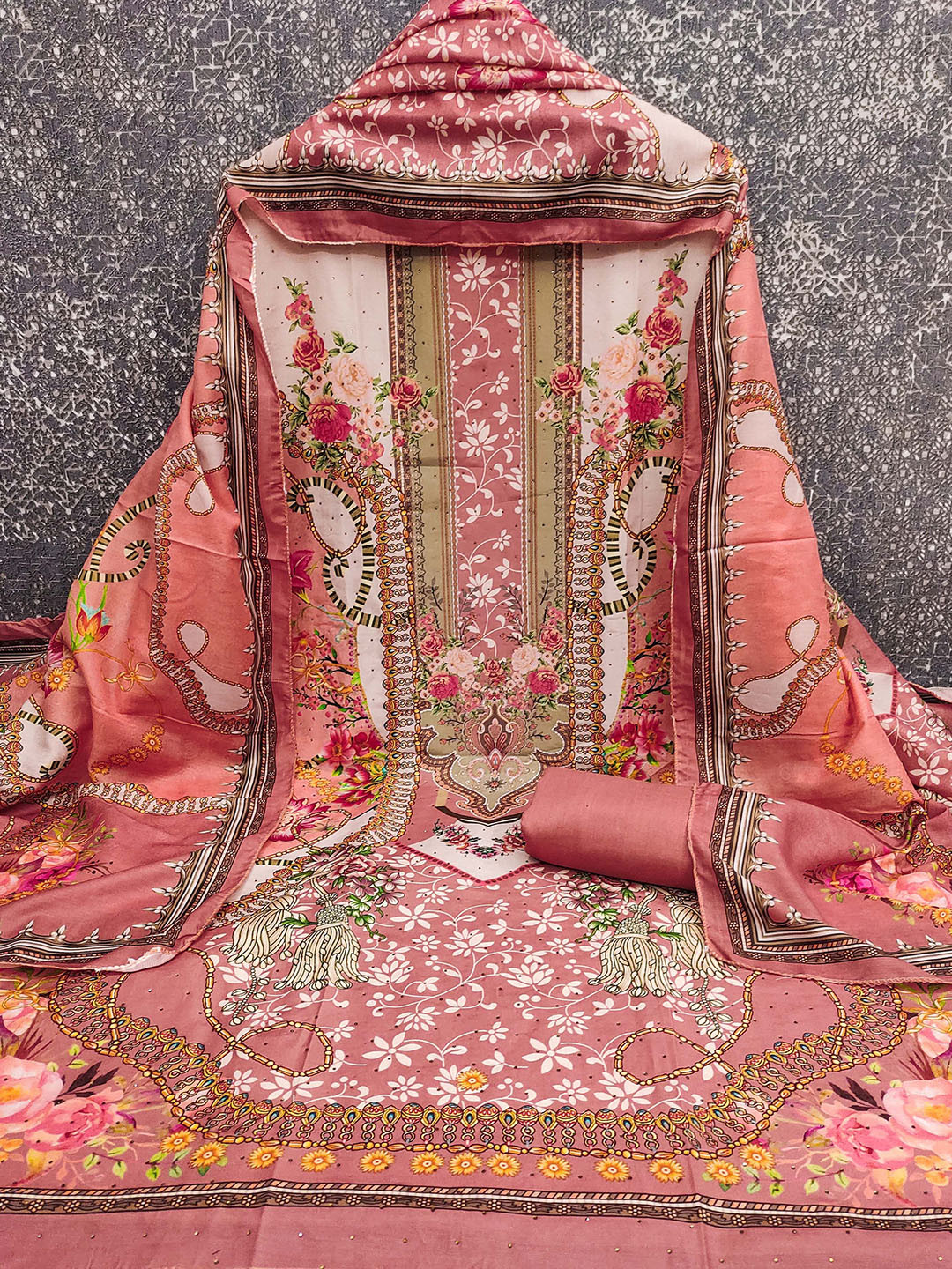 Maroosh Printed & Daimond Siroski Unstitched Dress Material