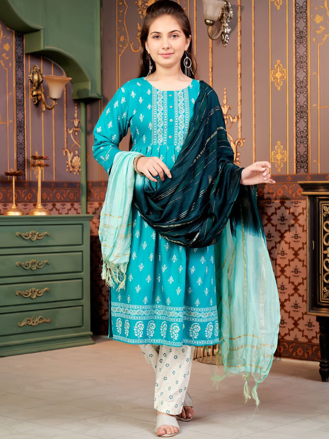 BAESD Girls Ethnic Motifs Foil Print Rayon Kurta With Trousers & With Dupatta