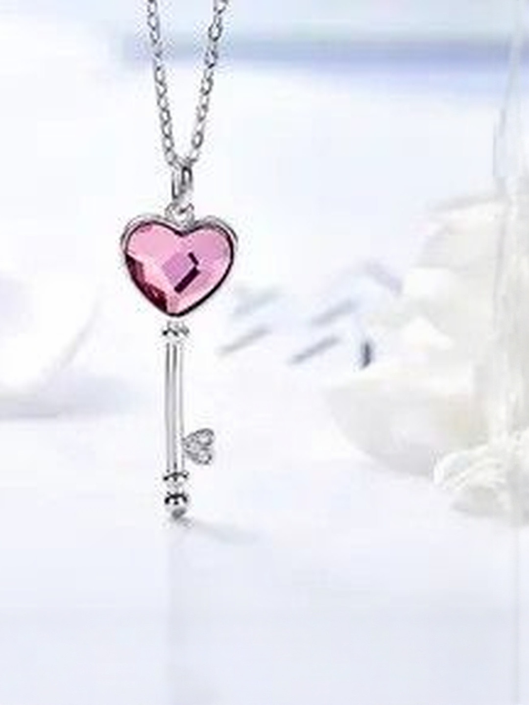MYSTICFLAVIA Sterling Silver Rhodium Plated Crystal Studded Key Pendant With Chain