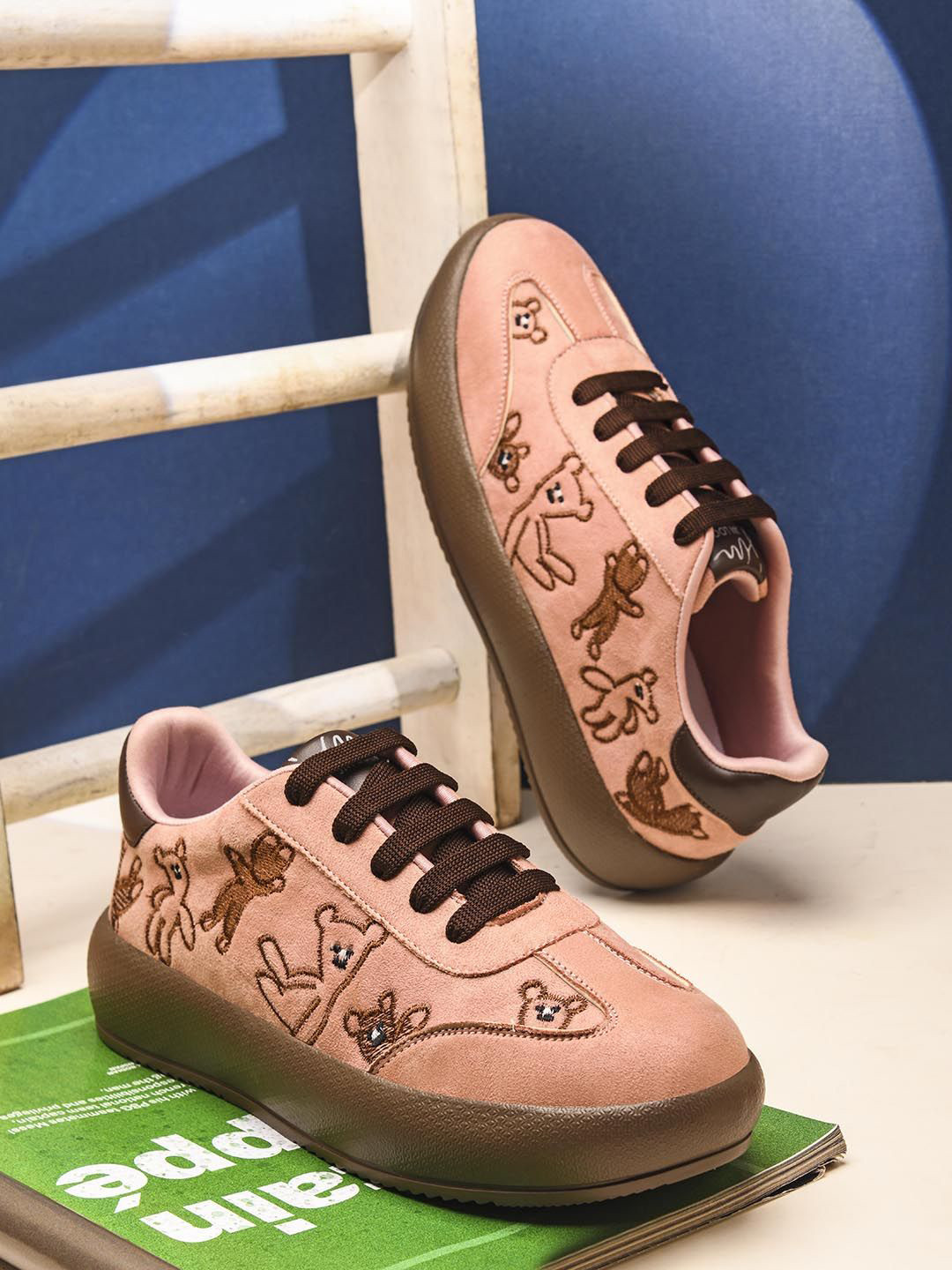 JM Looks Women Peach Teddy Embroidered Velvet Finish Sneakers