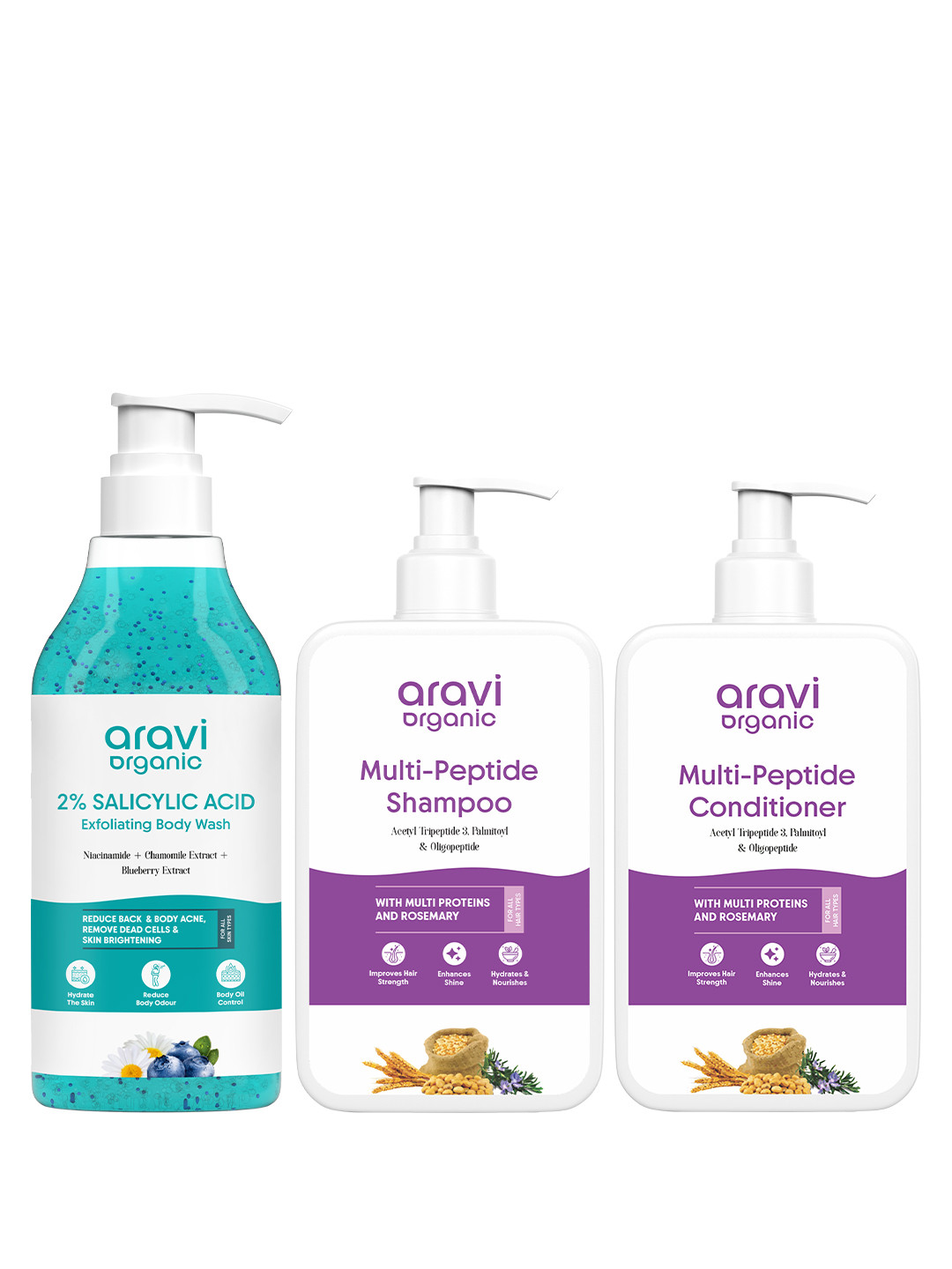 Aravi Organic Set Of 3 Exfoliating Body Wash- 300 ml- Shampoo & Conditioner- 200 ml Each