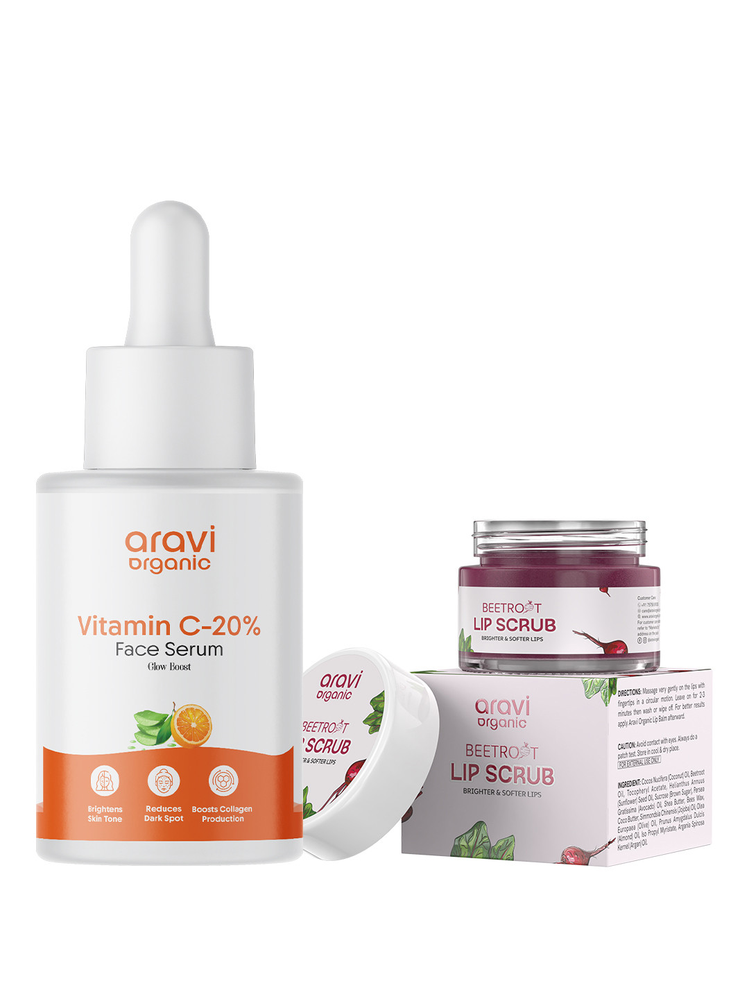 Aravi Organic Set Of 20% Vitamin C Face Serum - 30ml & Beetroot Lip Scrub - 15g