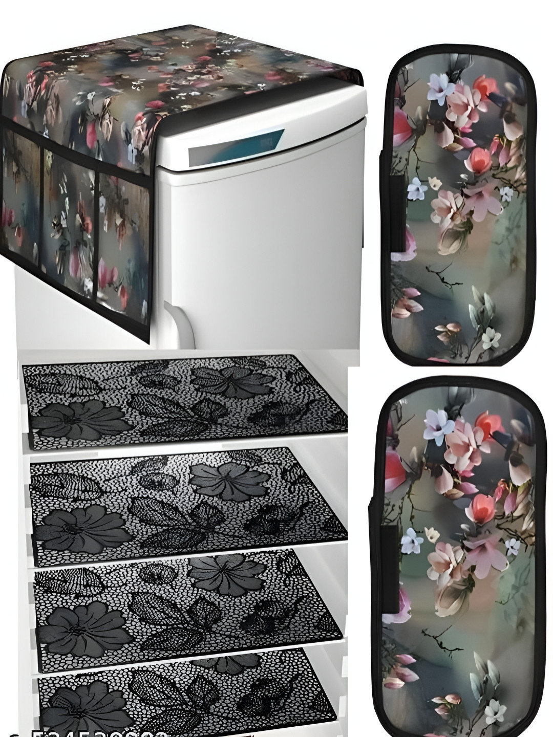 STOREUP Green & Black 7 Pieces Printed Cotton Refrigerator Covers