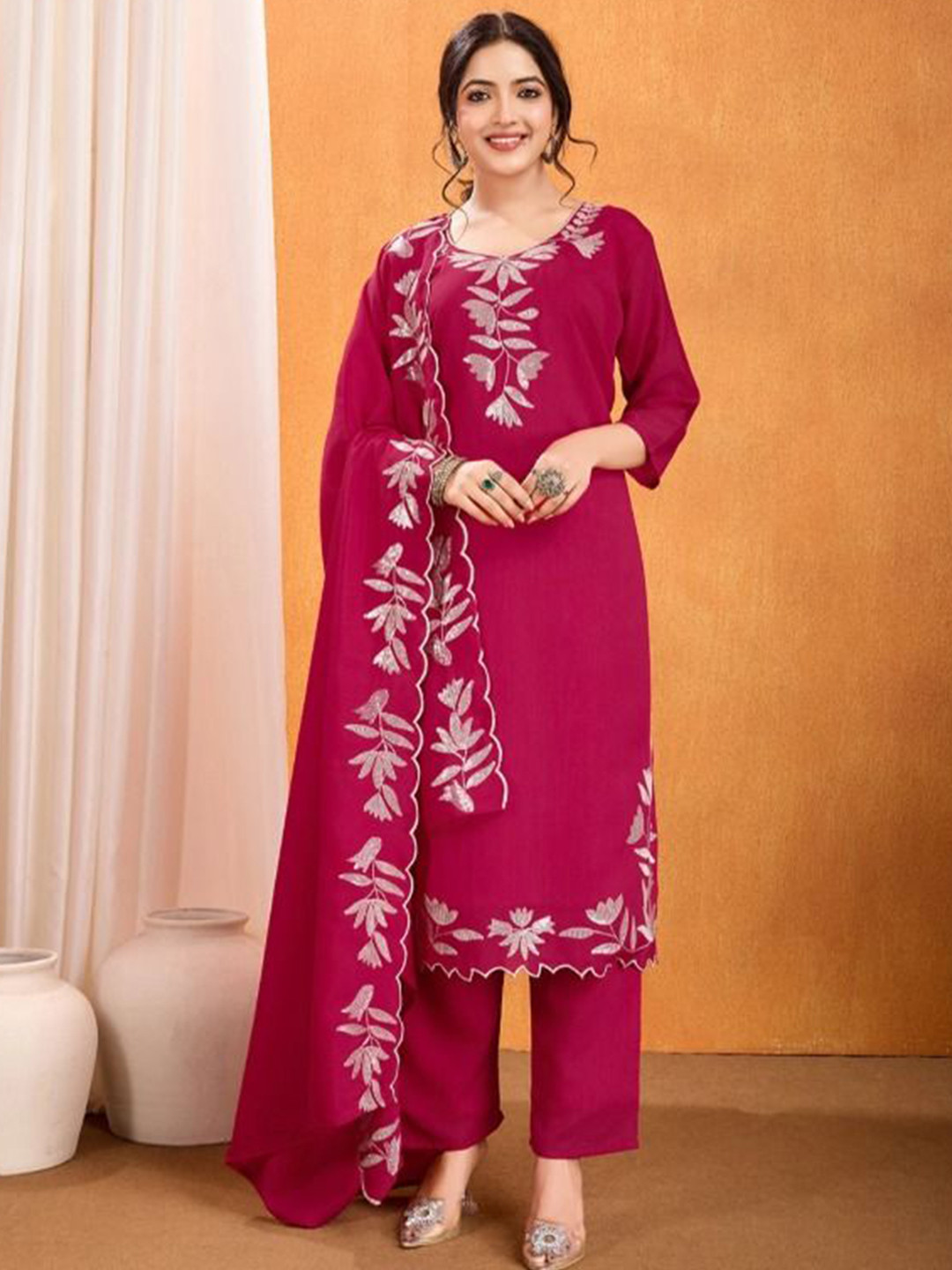 JJ Handloom Women Ethnic Motifs Embroidered Pure Silk Kurta with Trousers & Dupatta