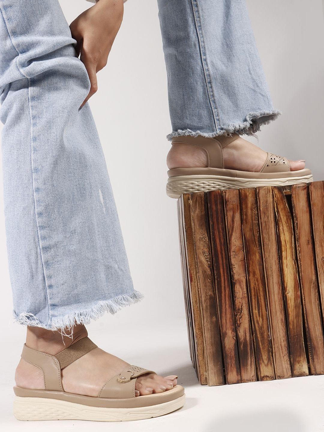 Roadster Women Beige Open Toe Ankle Loop Synthetic Flats With Laser Cuts