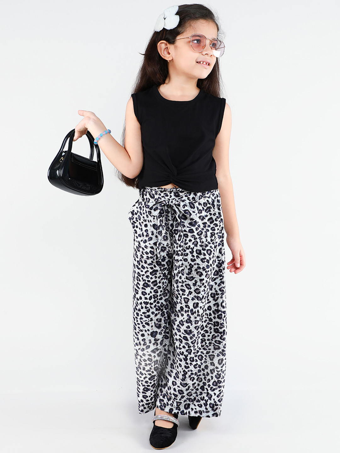 Ministitch Girls Grey & Black Sleeveless Cotton Blend Top & Printed Palazzo Co-Ord Set