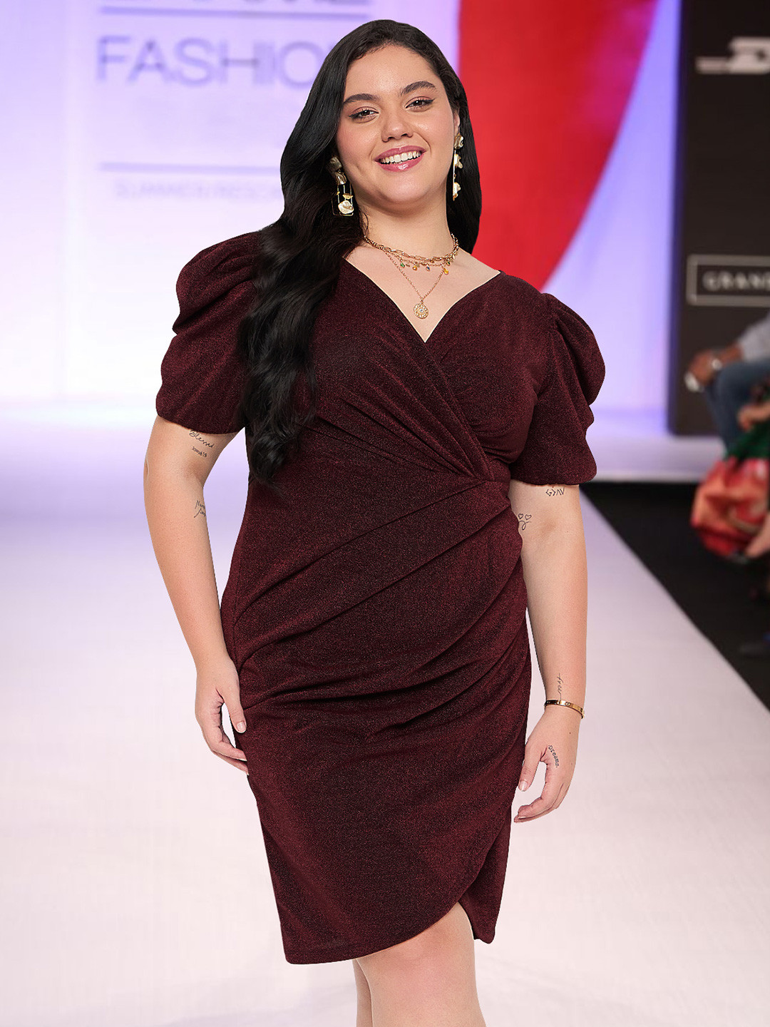 wild U Women Plus Size Wrap Puff Sleeve Dress